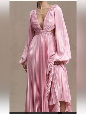 Mac Duggal Pink Pleated Maxi Dress with wCutout Waist